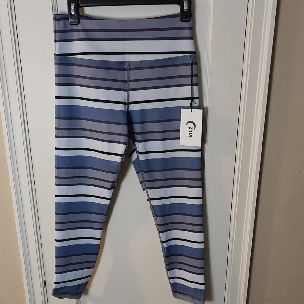 Zyia Active Women's Striped Leggings - Blue and Gray